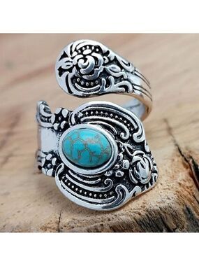 Boho Rose and Flowers with Faux Turquoise Adjustable Spoon Ring #1221